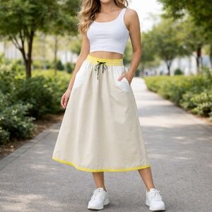 Bella Clan Women's Cream and Bright Yellow Midi Trendy Nylon Sporty Skirt Size S